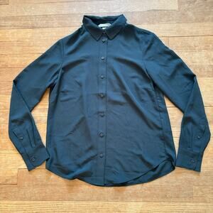 H&M women's dark green long sleeve faux silk button blouse shirt top size 2 b3